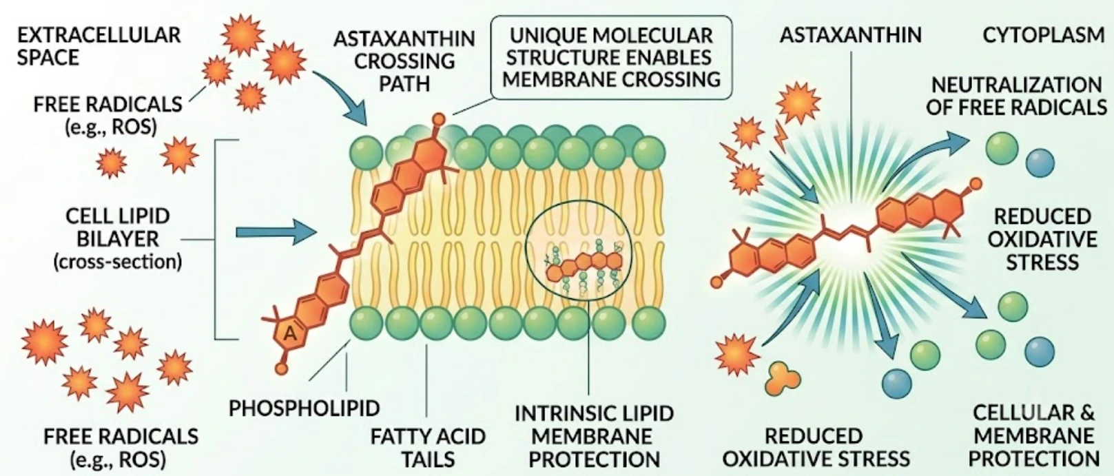 Diagram of astaxanthin spanning a cell lipid membrane and neutralizing free radicals
