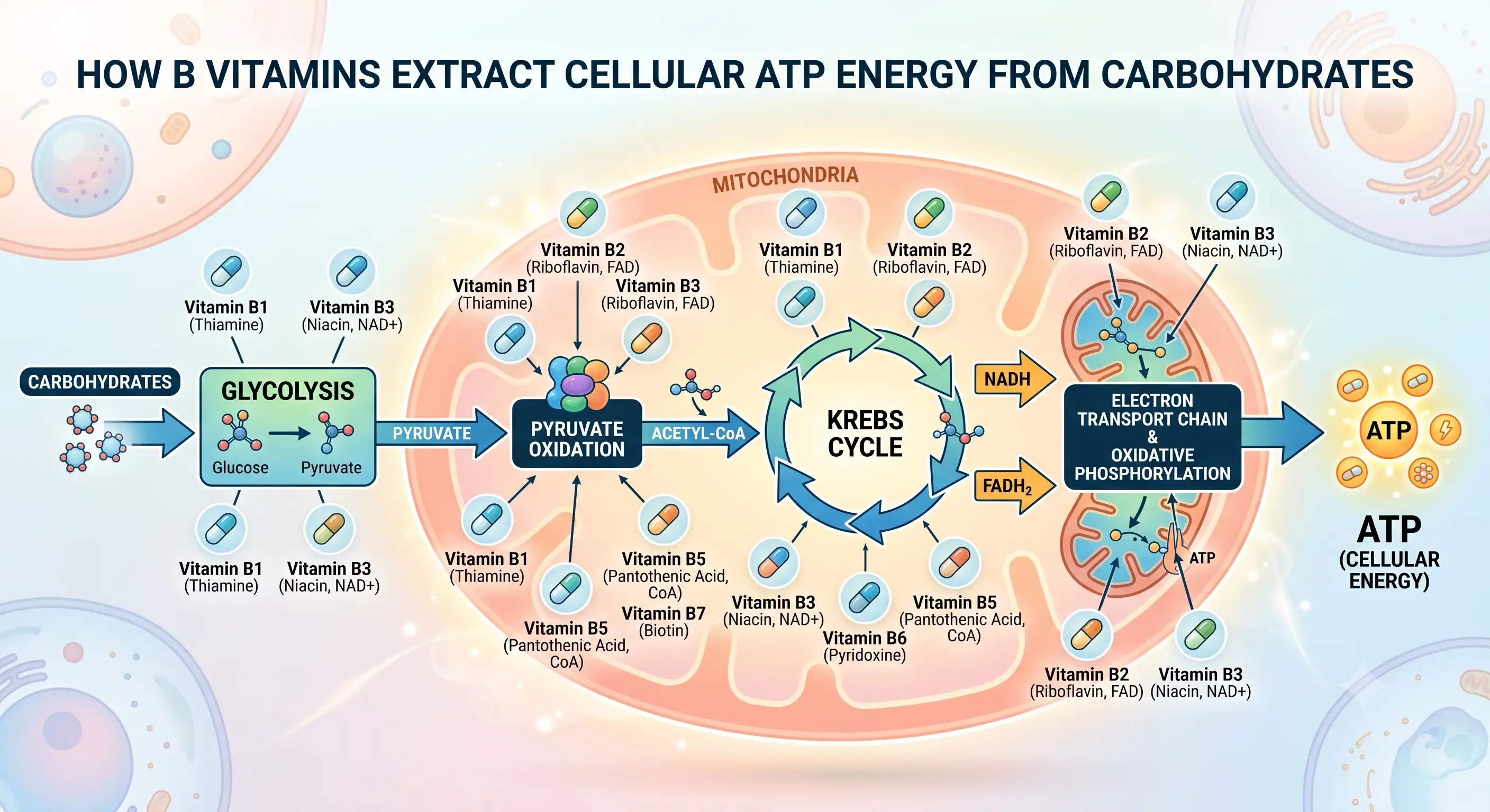 Metabolic chart of B vitamins supporting the conversion of carbohydrates into cellular ATP energy