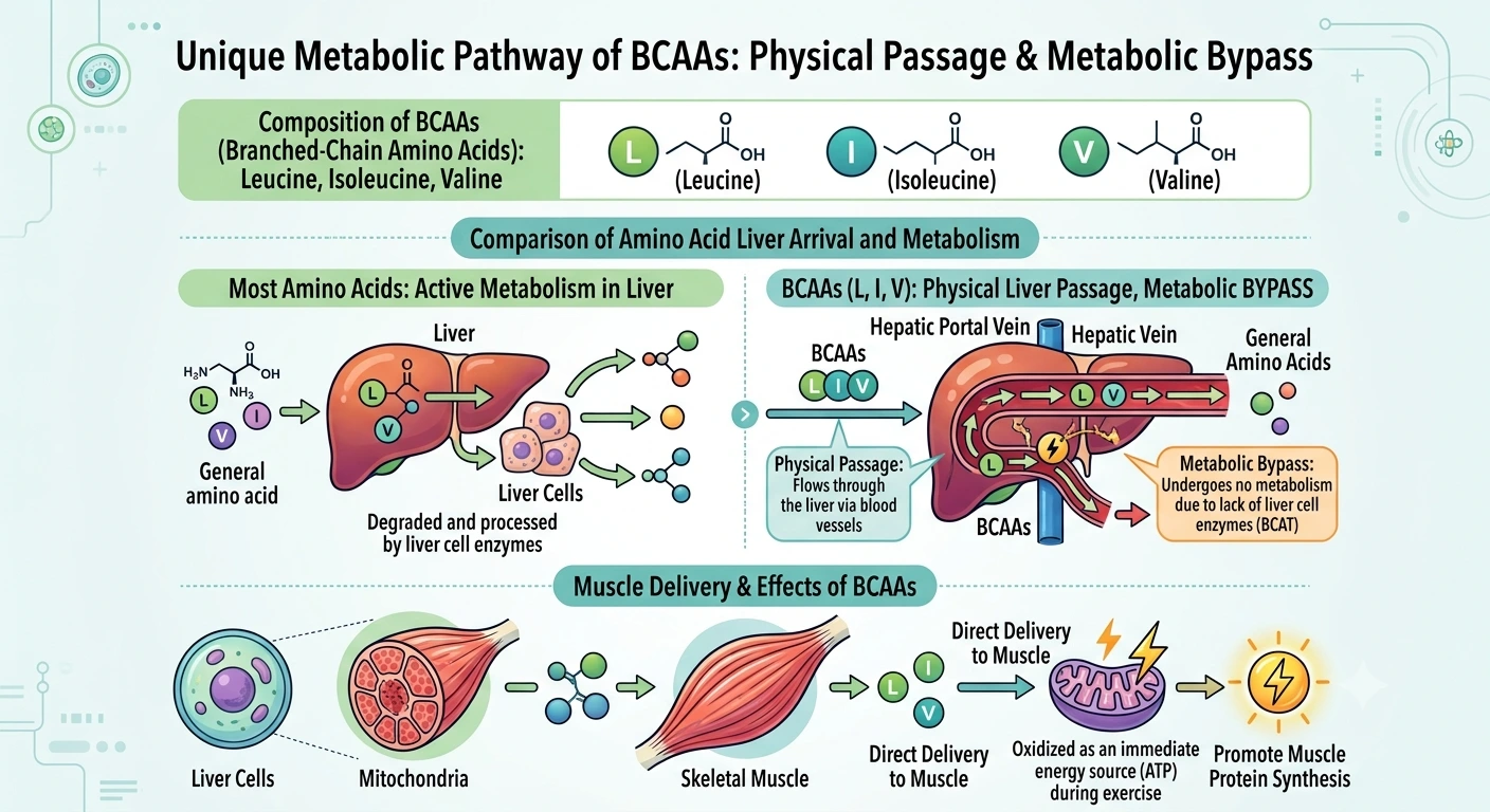 Infographic of BCAAs bypassing the liver and entering muscle tissue to fuel ATP production