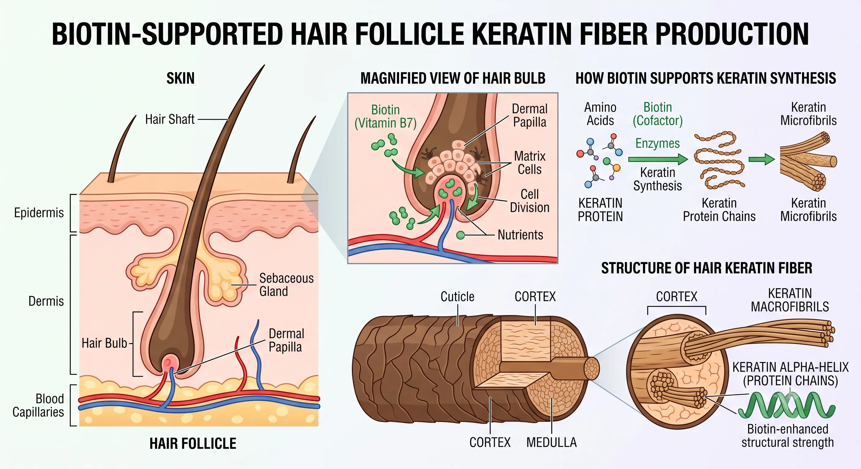 Illustration of hair follicle keratin fibers supported by biotin