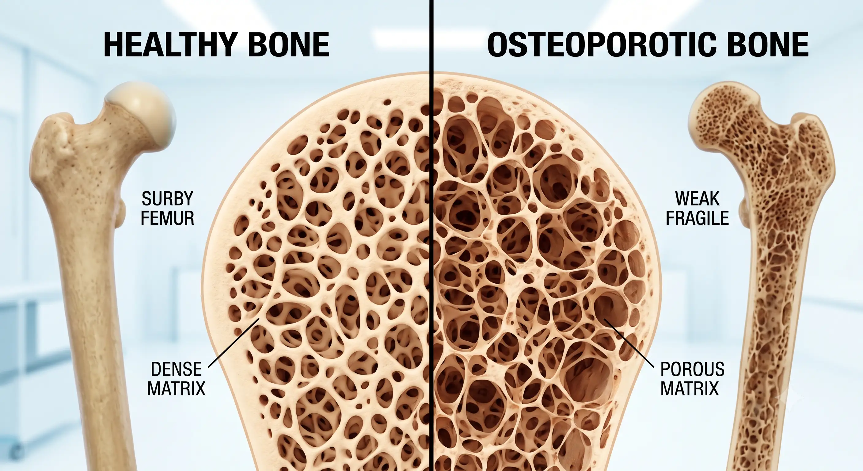 Cross-section comparing a dense, healthy bone matrix with a porous, osteoporotic bone