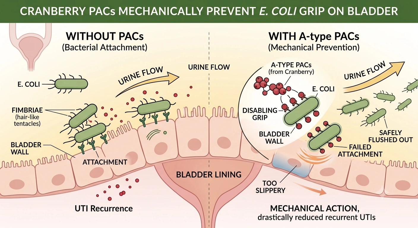 Illustration of PACs binding to E. coli fimbriae to prevent attachment to the bladder wall