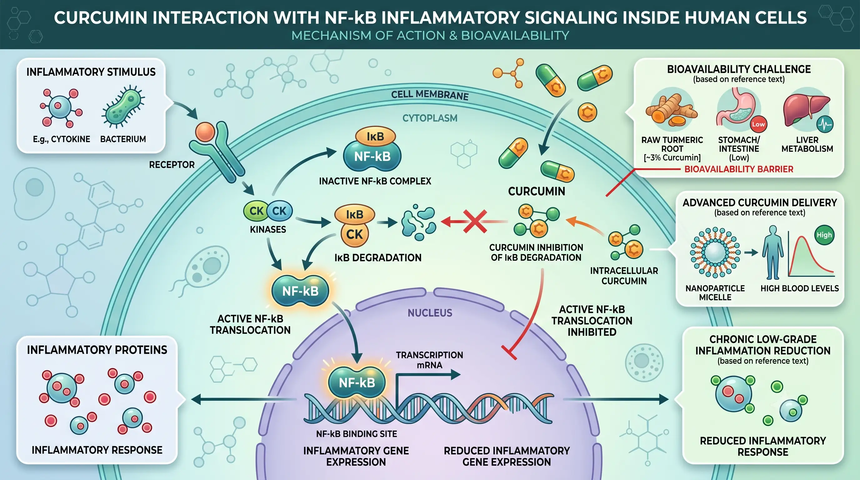 Illustration of curcumin interacting with NF-kB inflammatory signaling inside human cells