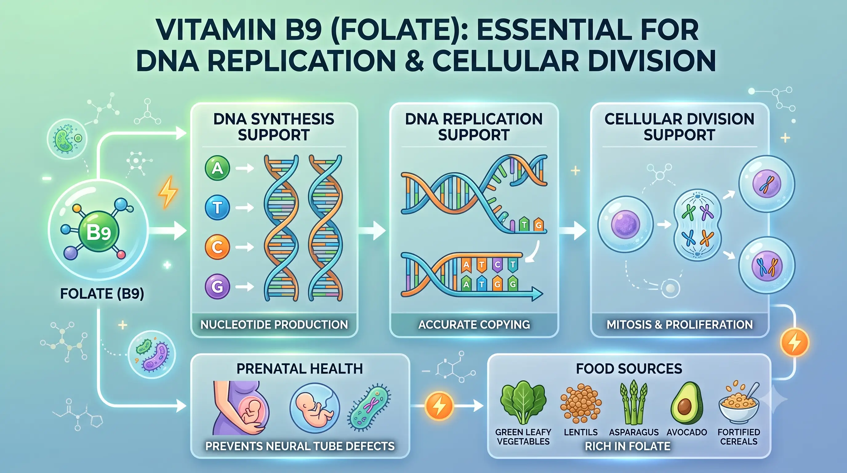 Infographic of DNA replication and cellular division supported by Vitamin B9