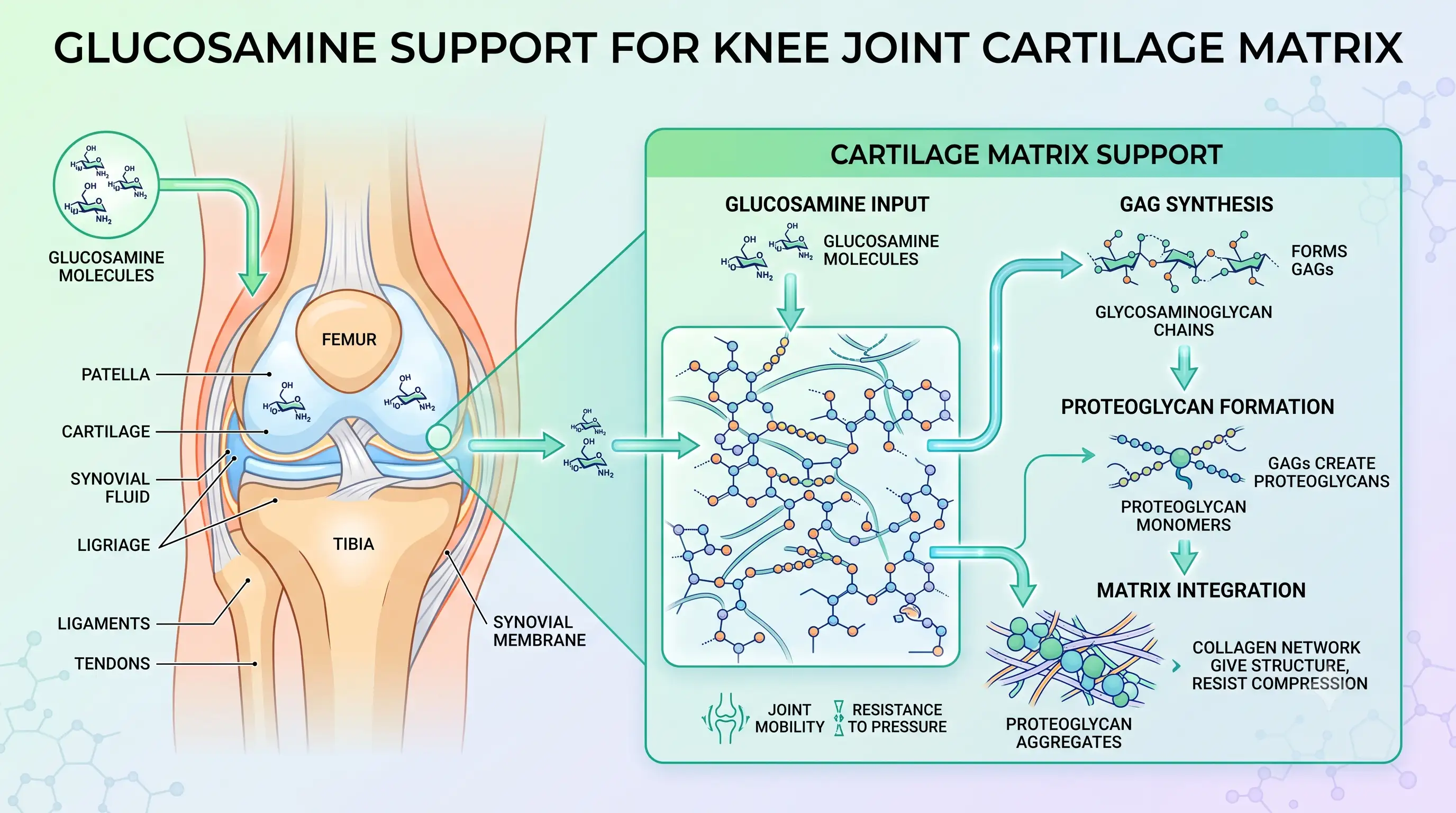 Illustration of glucosamine molecules supporting the cartilage matrix in a knee joint
