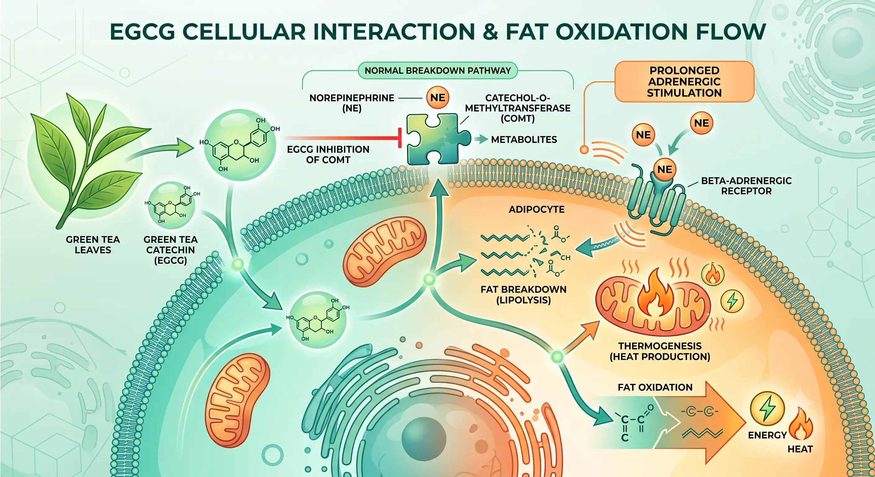 Cellular diagram of EGCG interacting with norepinephrine breakdown related to fat oxidation