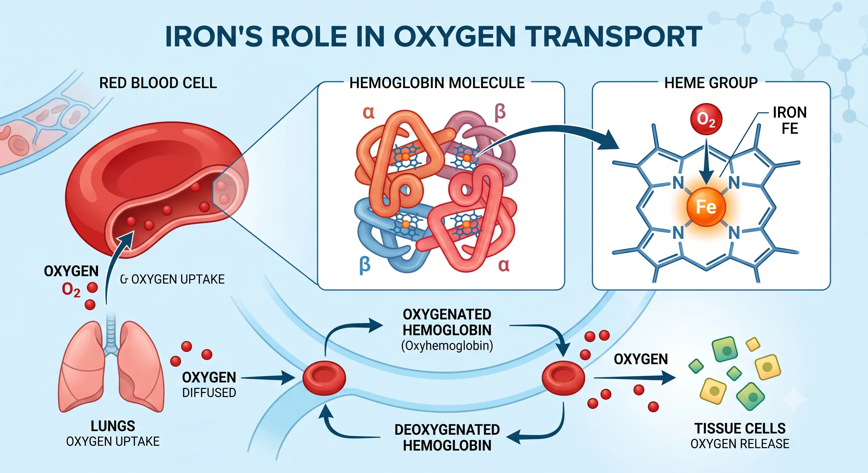 Diagram of iron within a haemoglobin molecule transporting oxygen in a red blood cell