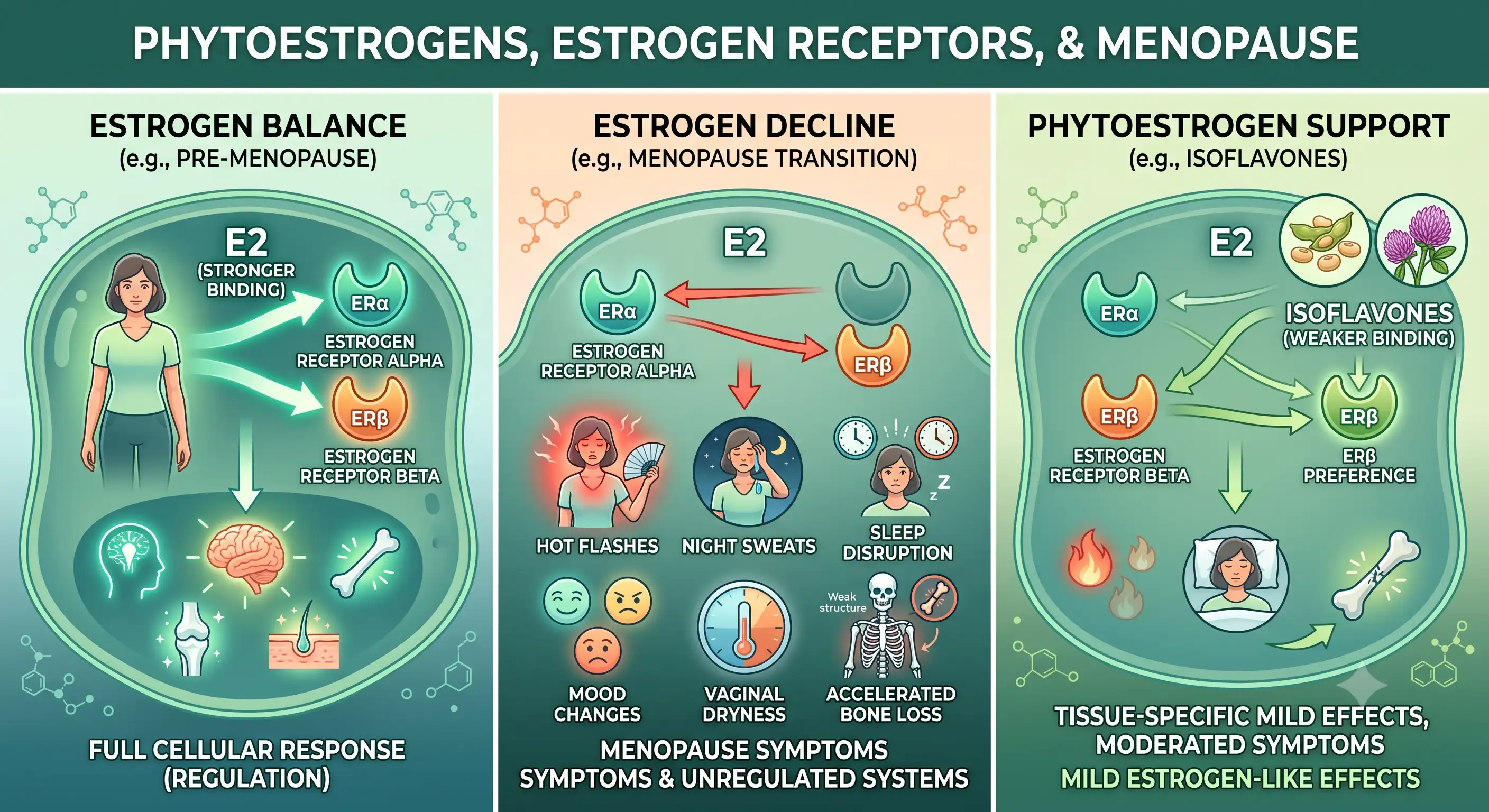 Illustration of phytoestrogens binding to cellular estrogen receptors related to menopause symptoms