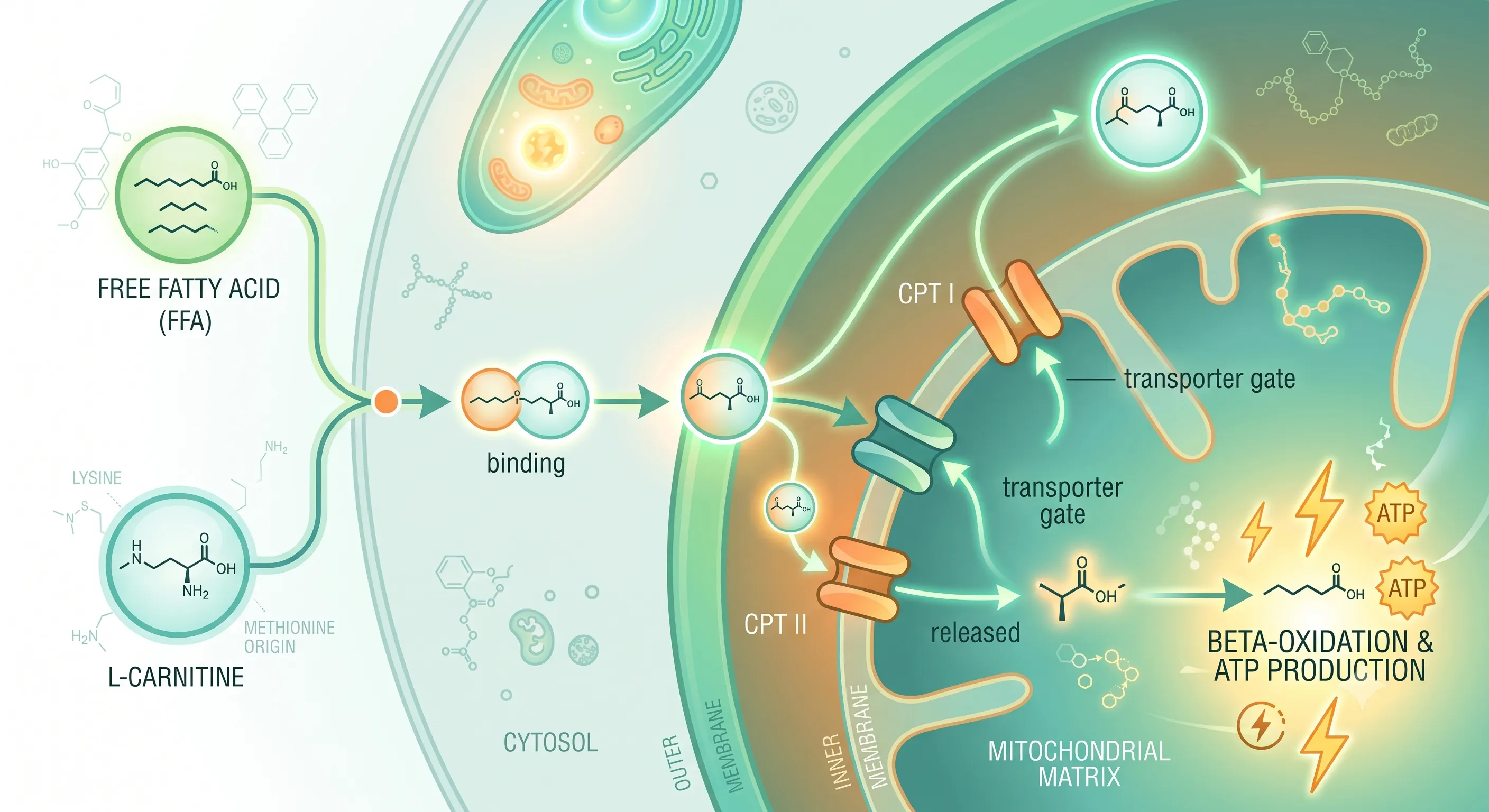 Cellular diagram of L-Carnitine shuttling a free fatty acid into the mitochondria