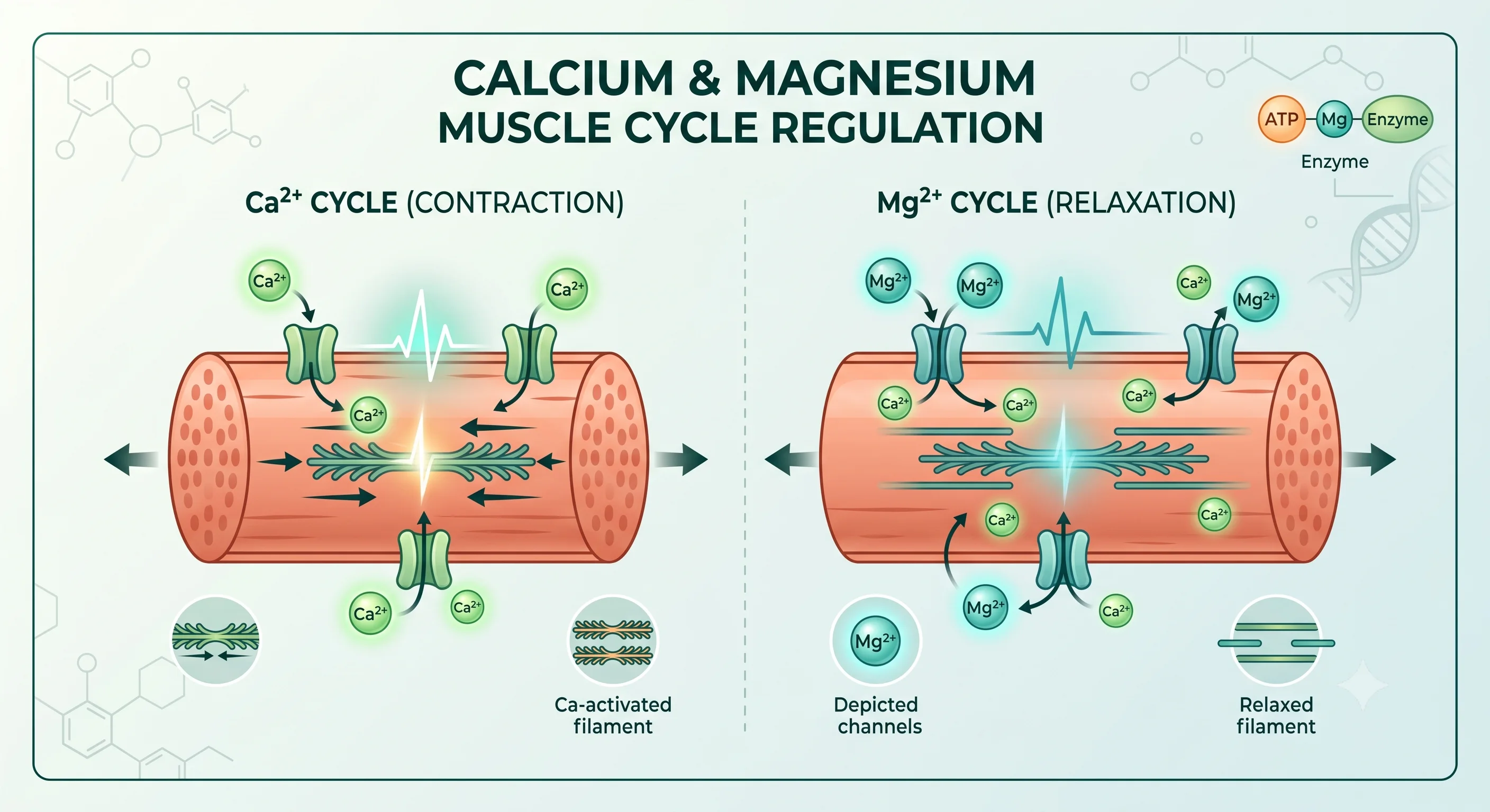 Illustration of calcium contracting a muscle fiber alongside magnesium relaxing it