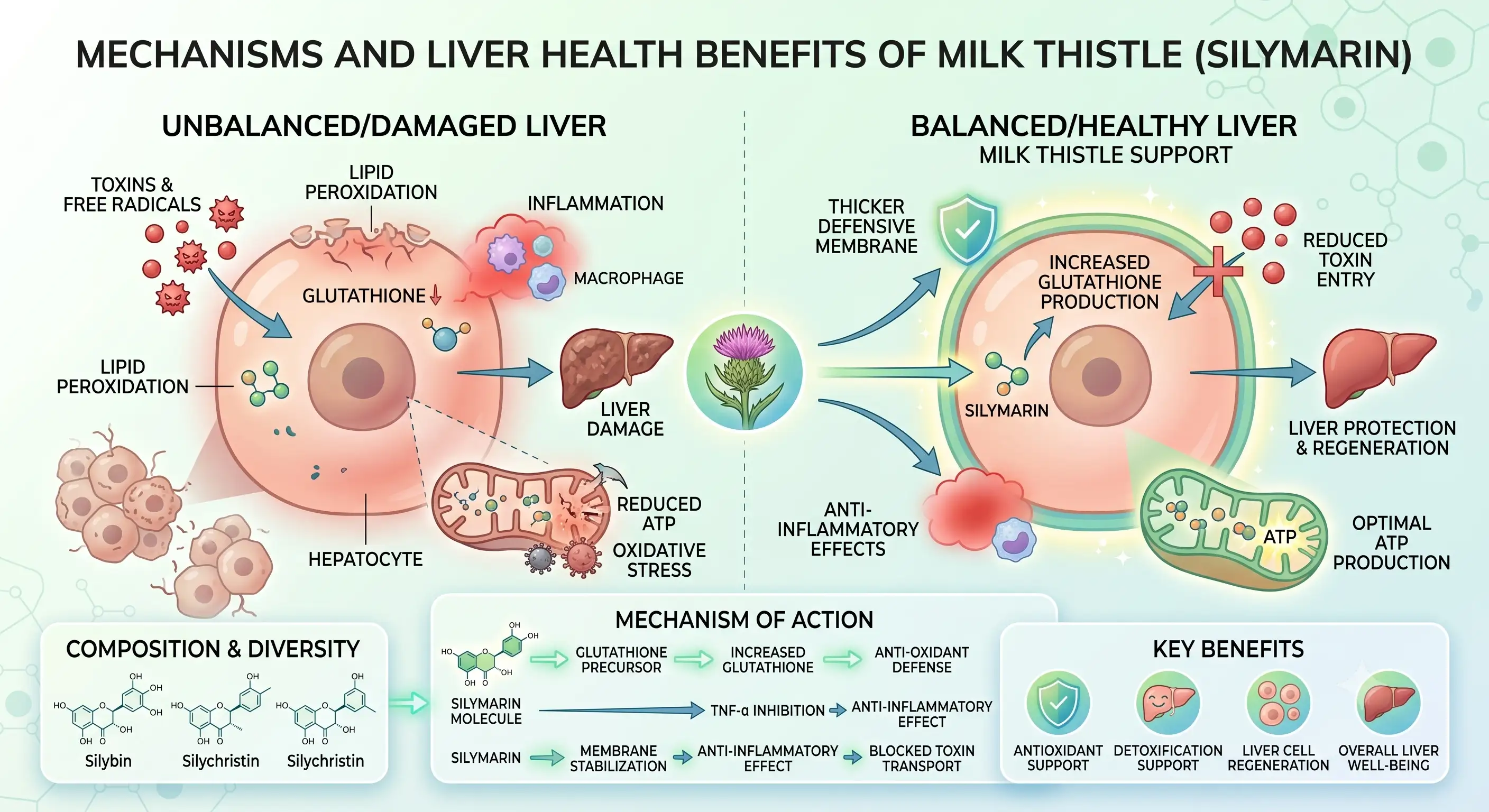 Illustration of Silymarin molecules interacting with liver cells