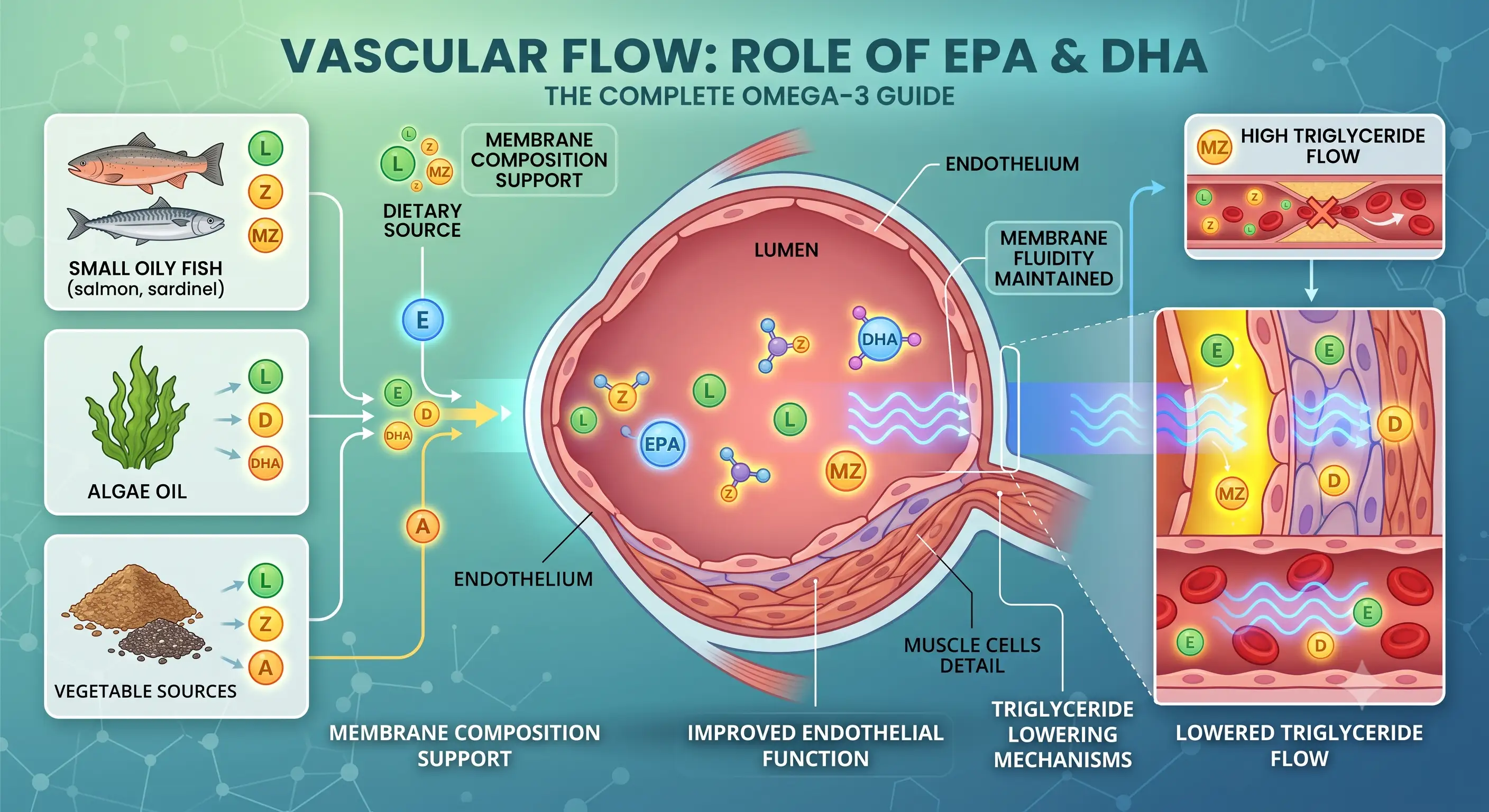 Illustration of EPA and DHA supporting vascular flow and cell membrane health