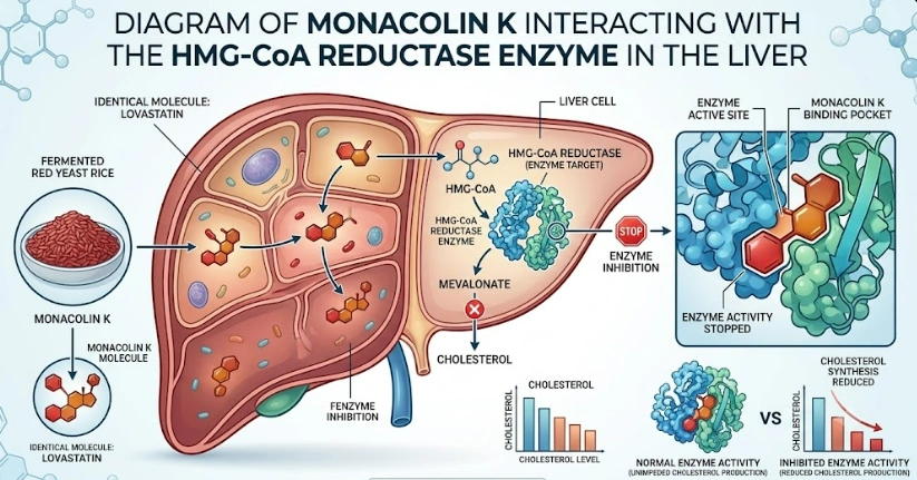 Diagram of Monacolin K interacting with the HMG-CoA reductase enzyme in the liver