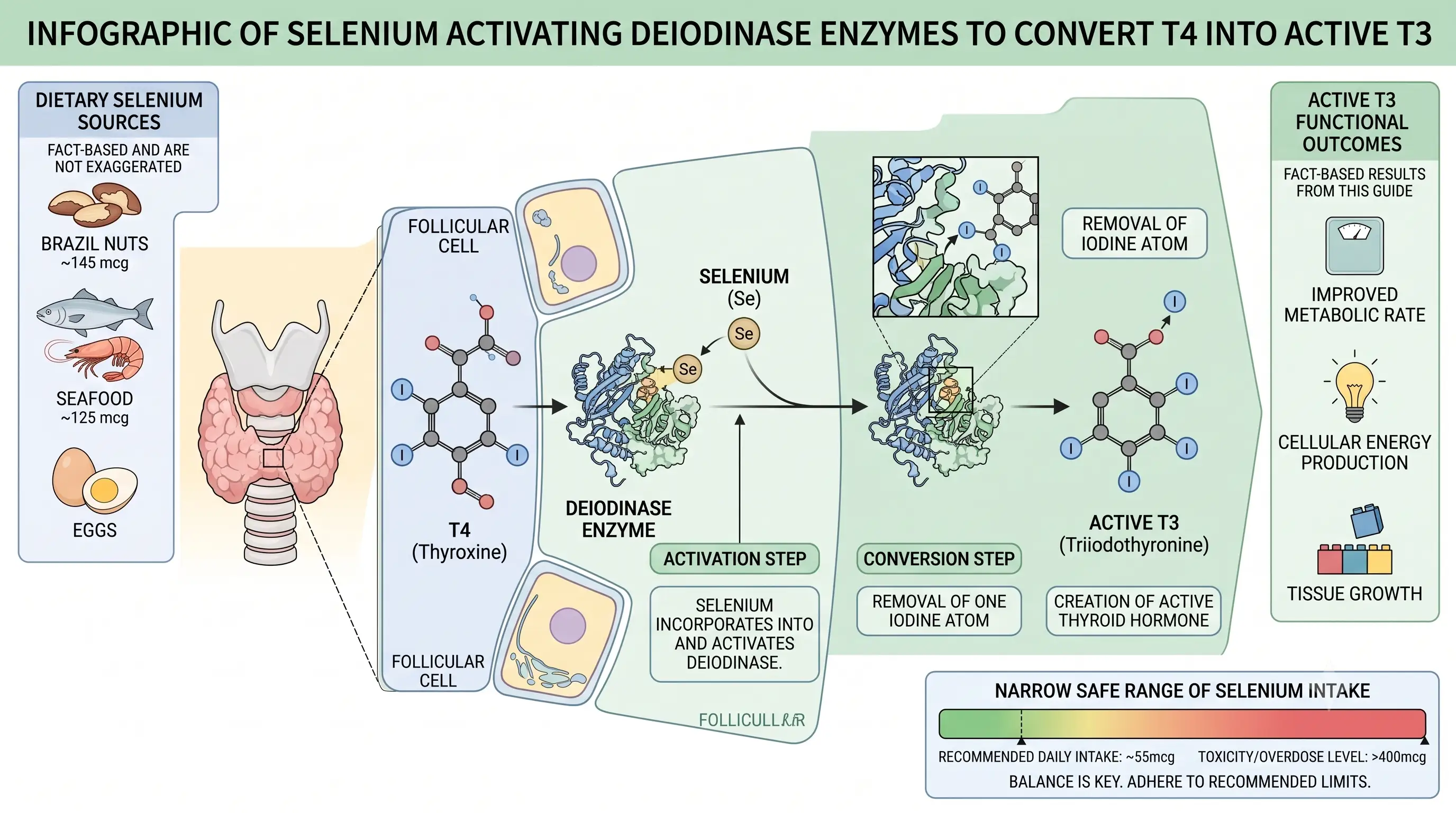 Infographic of selenium activating deiodinase enzymes to convert T4 into active T3