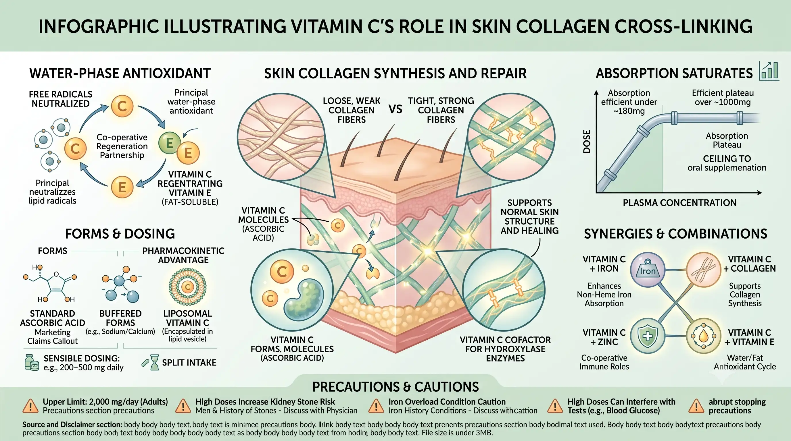 Infographic illustrating Vitamin C's role in collagen fiber cross-linking in the skin