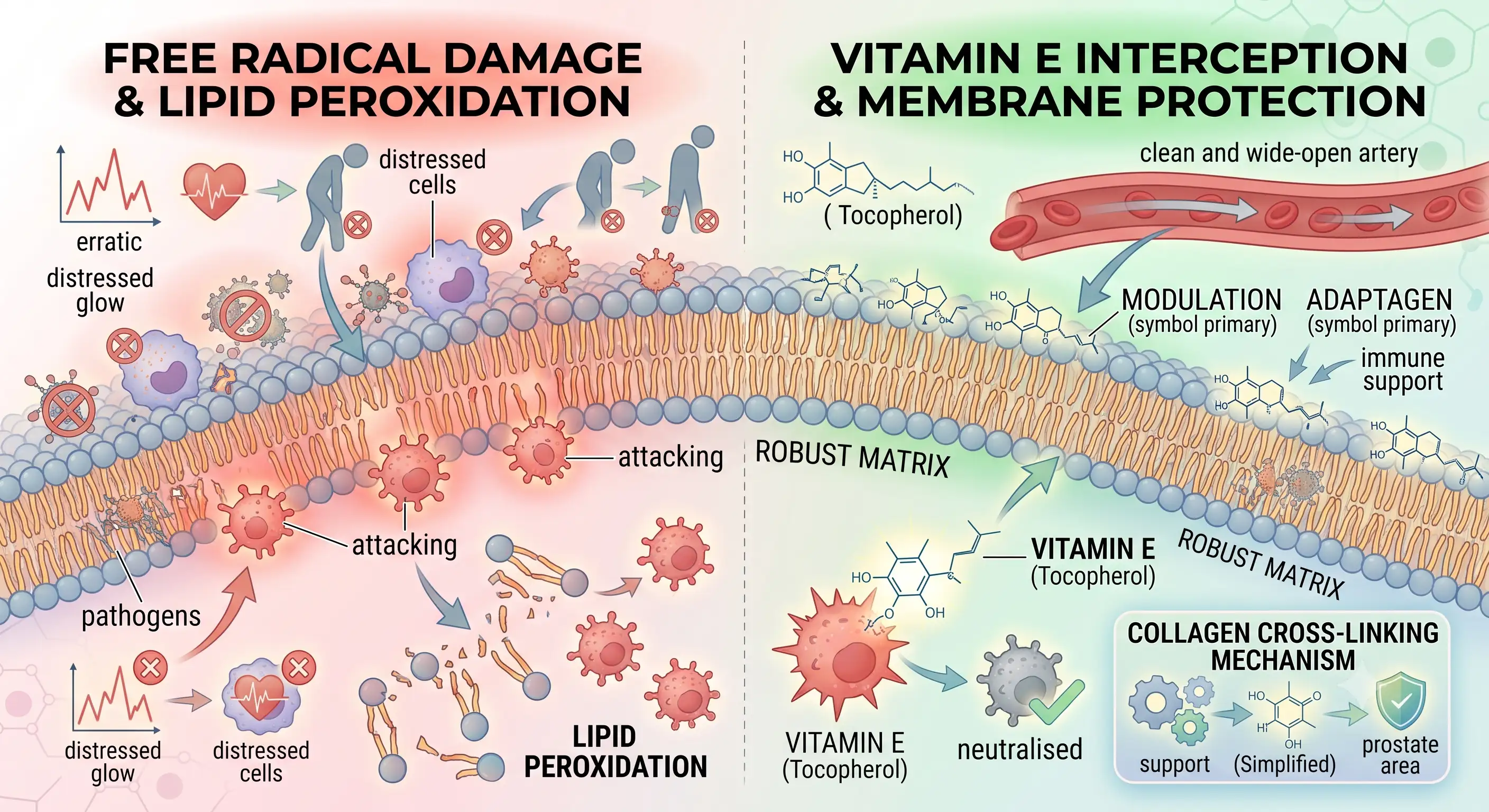Illustration of Vitamin E intercepting free radicals at a cell membrane