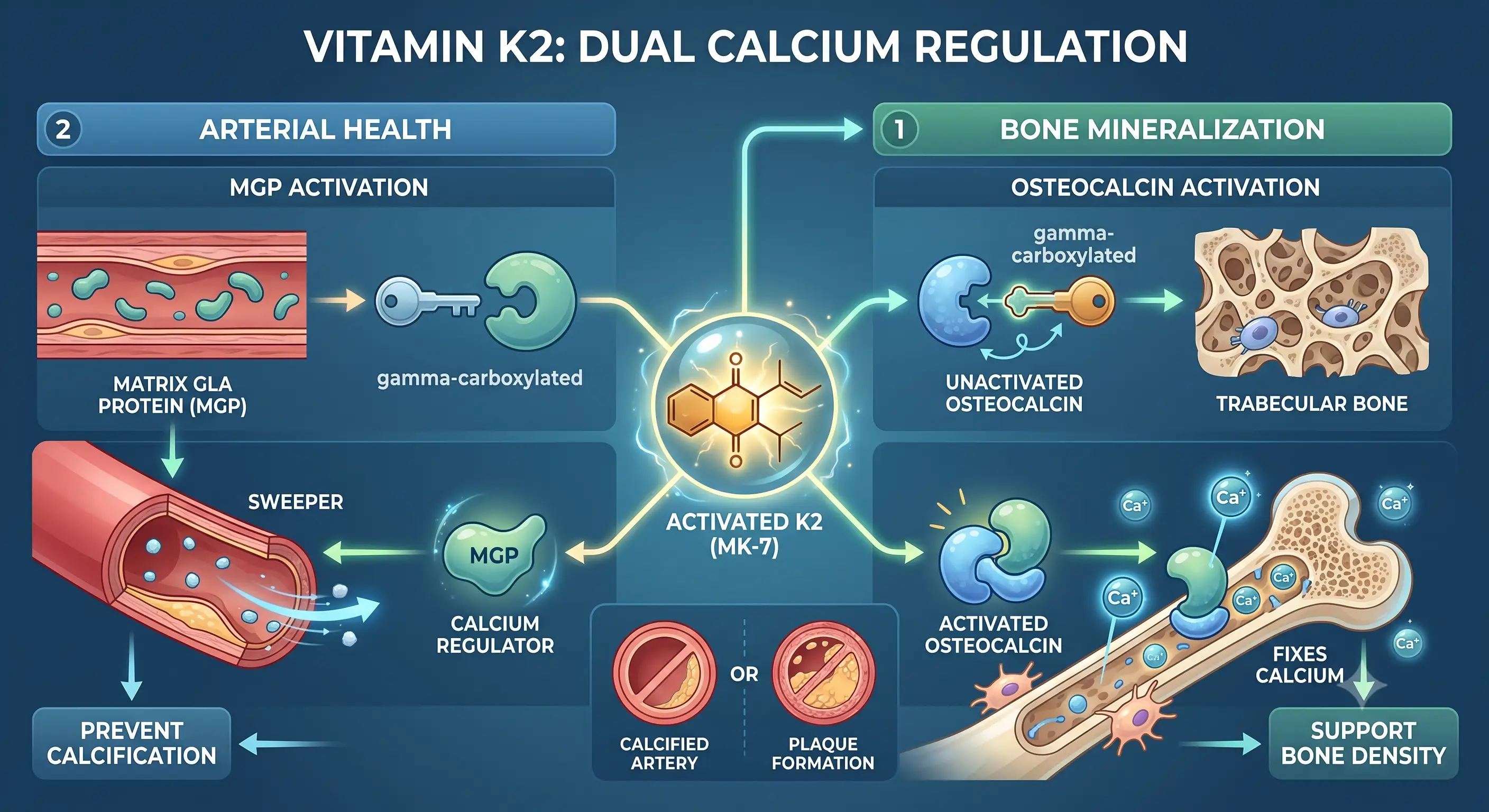 Infographic of Vitamin K2 activating osteocalcin and supporting arterial calcium regulation